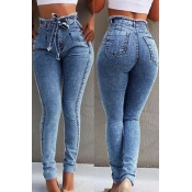 Lovely Stylish Lace-up Baby Blue Plus Size Jeans