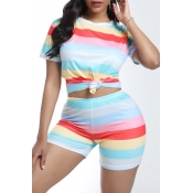 Lovely Casual Striped Yellow Two-piece Shorts Set