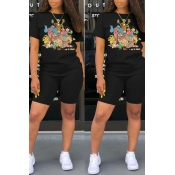 Lovely Casual Cartoon Print Black Two-piece Shorts