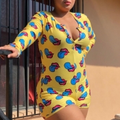 Lovely Leisure Lip Print Yellow Plus Size One-piec