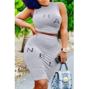 Lovely Casual Letter Grey Two-piece Skirt Set