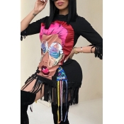 Lovely Casual O Neck Cartoon Print Black Mini Plus