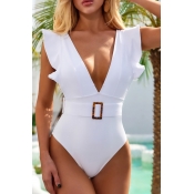 Lovely Deep V Neck White One-piece Swimsuit