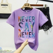Lovely Casual O Neck Letter Purple T-shirt