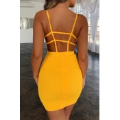 Lovely Sexy Backless Yellow Mini Dress