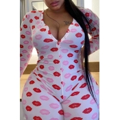 lovely Casual Lip Print Red One-piece Jumpsuit