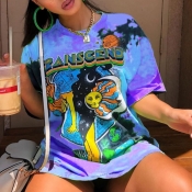 lovely Casual O Neck Cartoon Print Blue Mini Dress