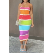 lovely Casual Rainbow Striped Multicolor Mid Calf 