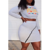 lovely Casual Print Zipper Design Grey Plus Size T