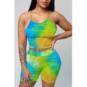 Lovely Stylish Tie-dye Green Two-piece Shorts Set