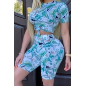 Lovely Casual O Neck Print Blue Two-piece Shorts S