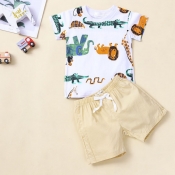 lovely Casual O Neck Print White Boy Two-piece Sho