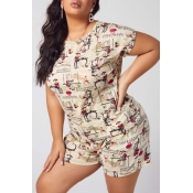 Lovely Casual O Neck Print Apricot Plus Size Two-p