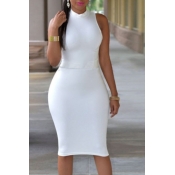 lovely Trendy O Neck Basic Skinny White Knee Lengt