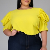 lovely Casual O Neck Fold Design Yellow Plus Size 