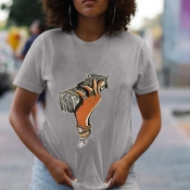 Lovely Casual O Neck Print Grey T-shirt