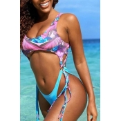 lovely Print Lace-up Blue One-piece Swimsuit