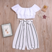 lovely Casual Striped White Girl Two-piece Pants S