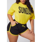 Lovely Leisure Letter Yellow Plus Size Two-piece S
