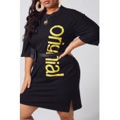 lovely Leisure O Neck Letter Black Knee Length Plu