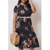 lovely Casual Print Black Mid Calf Plus Size Dress