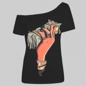 LW Plus Size Casual Print Black T-shirt