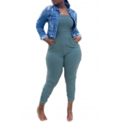 Lovely Sexy Pocket Patched Blue Plus Size One-piec
