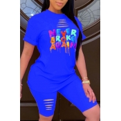 lovely Leisure O Neck Letter Print Blue Two-piece 