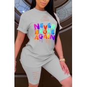 lovely Leisure O Neck Letter Print Grey Two-piece 