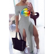 Lovely Casual Lip Print Grey Maxi Dress
