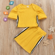 lovely Casual Patchwork Yellow Girl Two-piece Skir