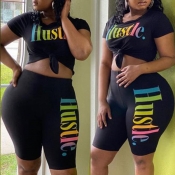 lovely Leisure Letter Print Black Plus Size Two-pi