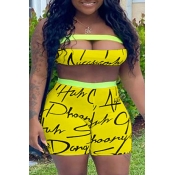 lovely Casual Letter Print Yellow Two-piece Shorts