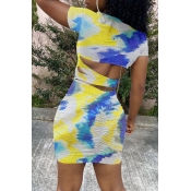 lovely Casual O Neck Tie-dye Hollow-out Yellow Min
