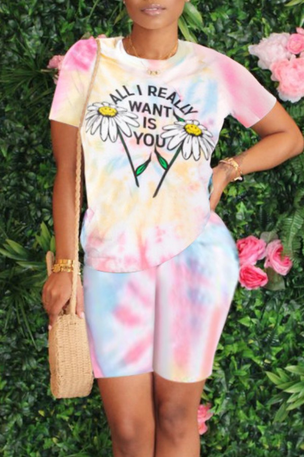

lovely Casual Tie-dye Floral Print Pink Two-piece Shorts Set