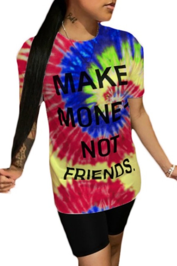 

lovely Casual O Nec Tie-dye Red T-shirt