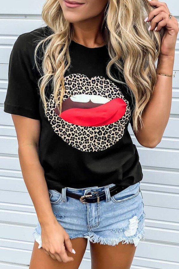

lovely Casual O Neck Lip Print Black T-shirt