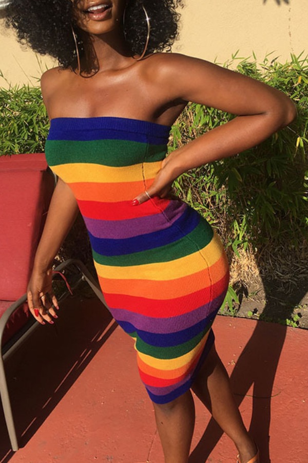 

Lovely Casual Off The Shoulder Striped Multicolor Knee Length Dress, Multicolor stripe