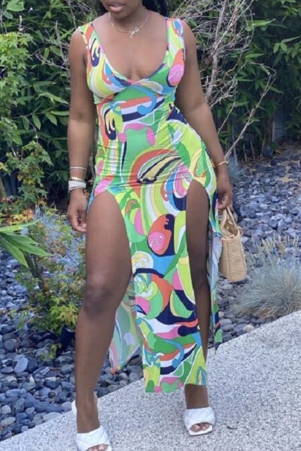 

lovely Sexy Print High Opening Green Mid Calf Dress