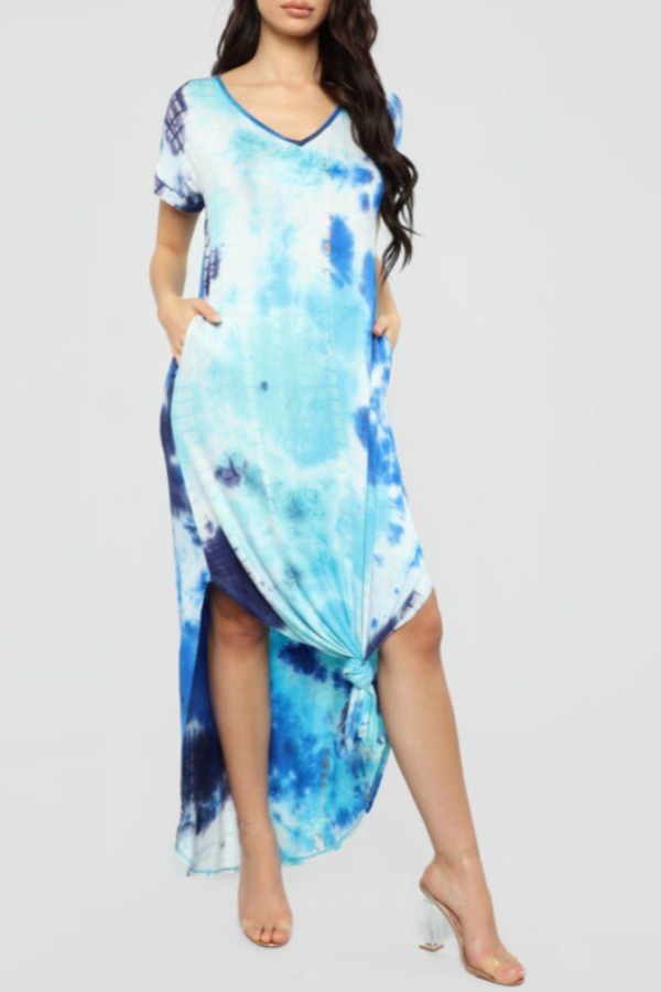 

lovely Casual V Neck Print Blue Floor Length Dress