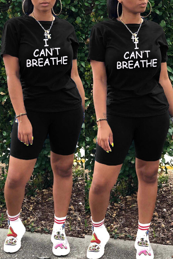 

lovely Casual O Neck Letter Print Black Two-piece Shorts Set