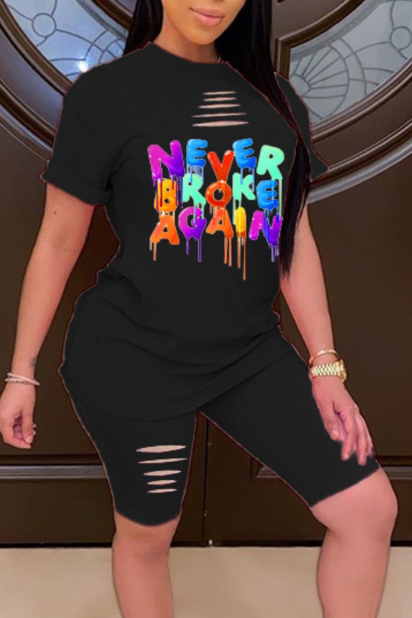 

lovely Leisure O Neck Letter Print Black Plus Size Two-piece Shorts Set