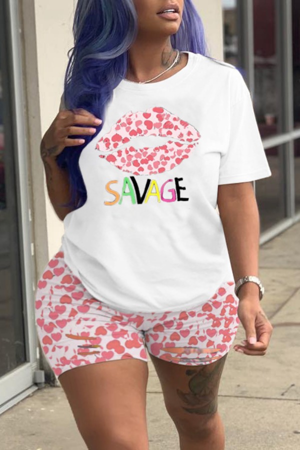 lovely Leisure Print Pink Plus Size Two-piece Shorts Set