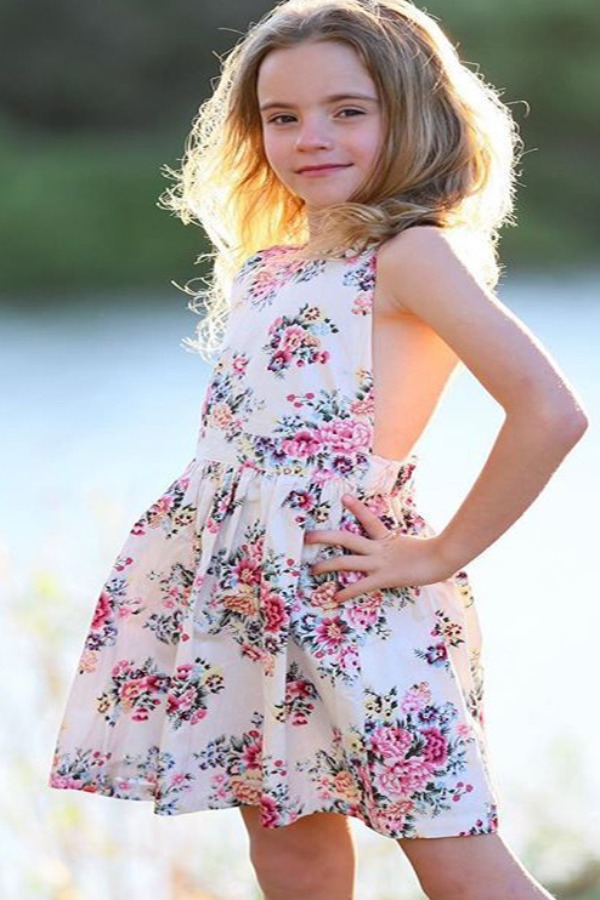 

lovely Sweet Floral Print White Girl Knee Length Dress