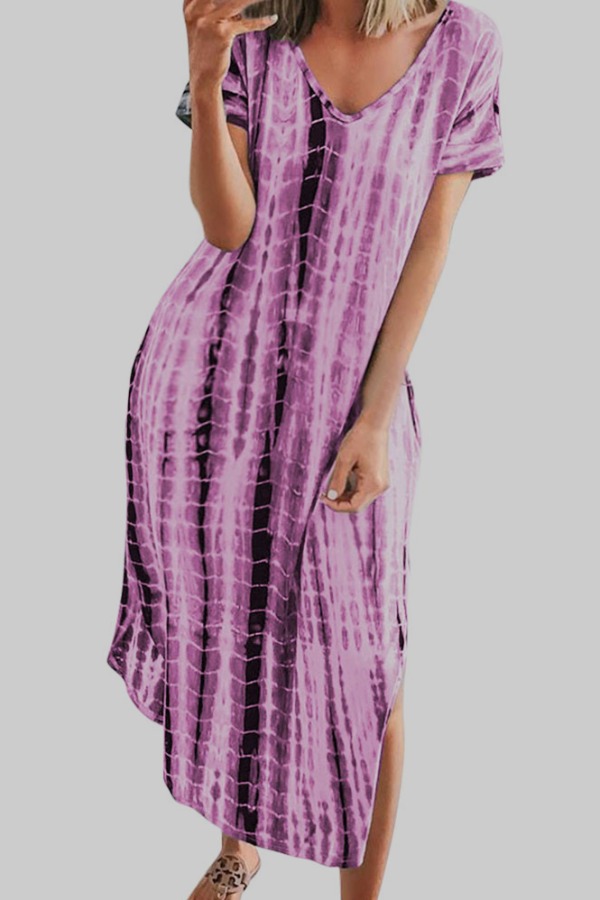 

lovely Casual V Neck Tie-dye Purple Ankle Length Plus Size Dress