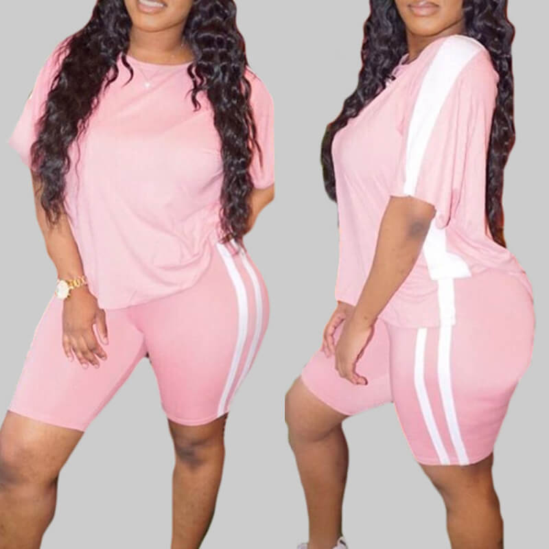 

LW Plus Size Sportswear Patchwork Pink Two-piece Shorts Set