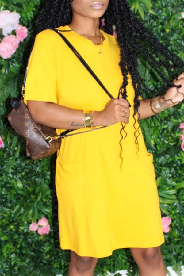 

lovely Casual O Neck Yellow Knee Length T-shirt Dress