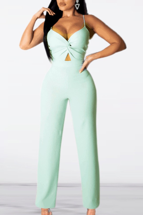 

Lovely Sexy Spaghetti Strap Hollow-out Green One-piece Jumpsuit