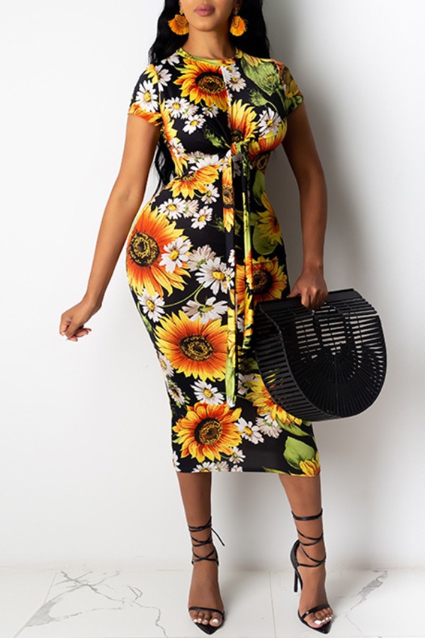 

lovely Bohemian Floral Print Yellow Knee Length Dress