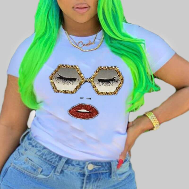 

LW Plus Size Leisure O Neck Face Print White T-shirt